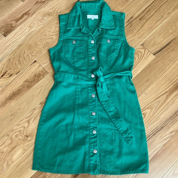 Love Tree green Button-Down Mini denim belted sleeveless Dress sz Small - Picture 1 of 11